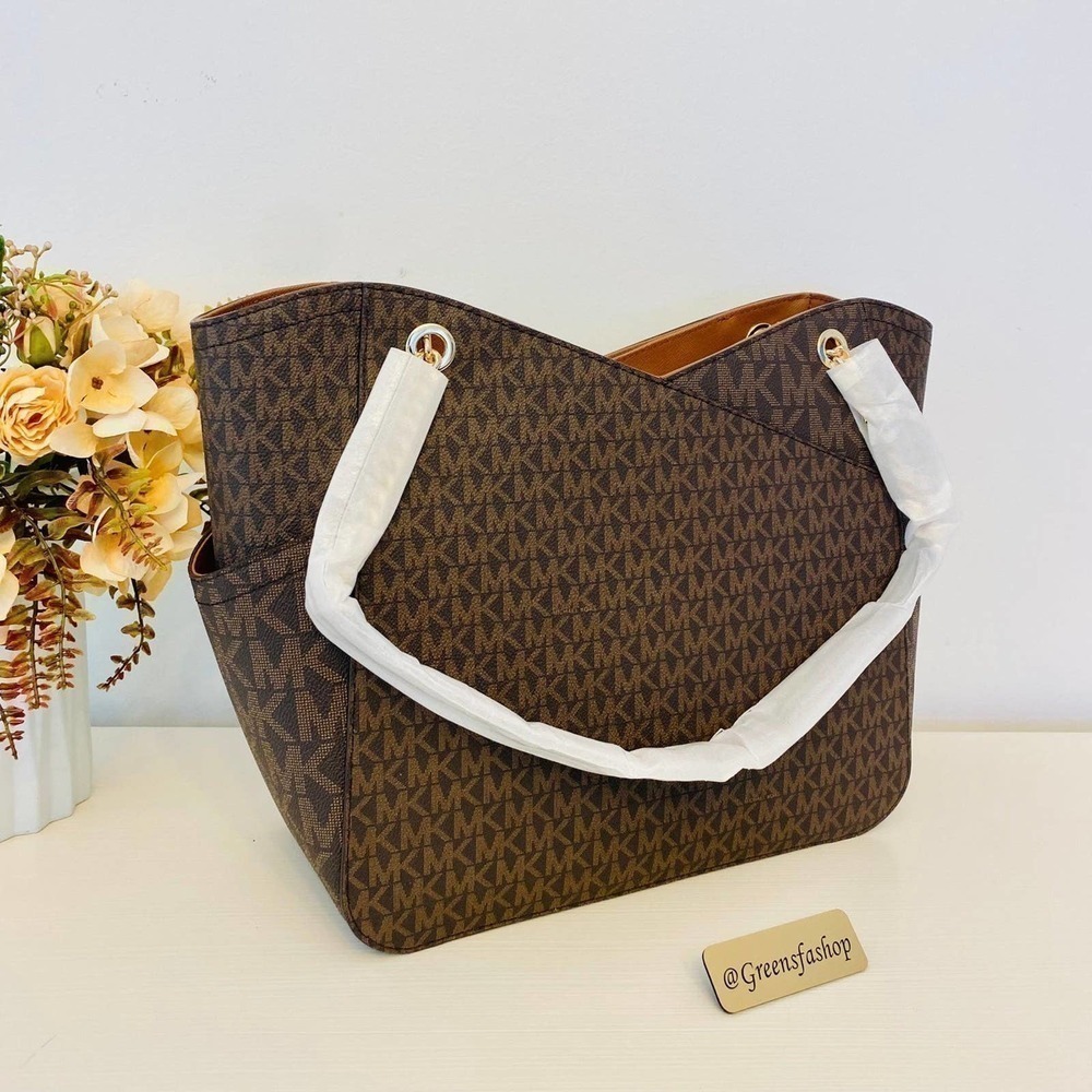 Michael Kors Purse jet set travel large chain tote shoulder bag brown signature - Picture 4 of 10